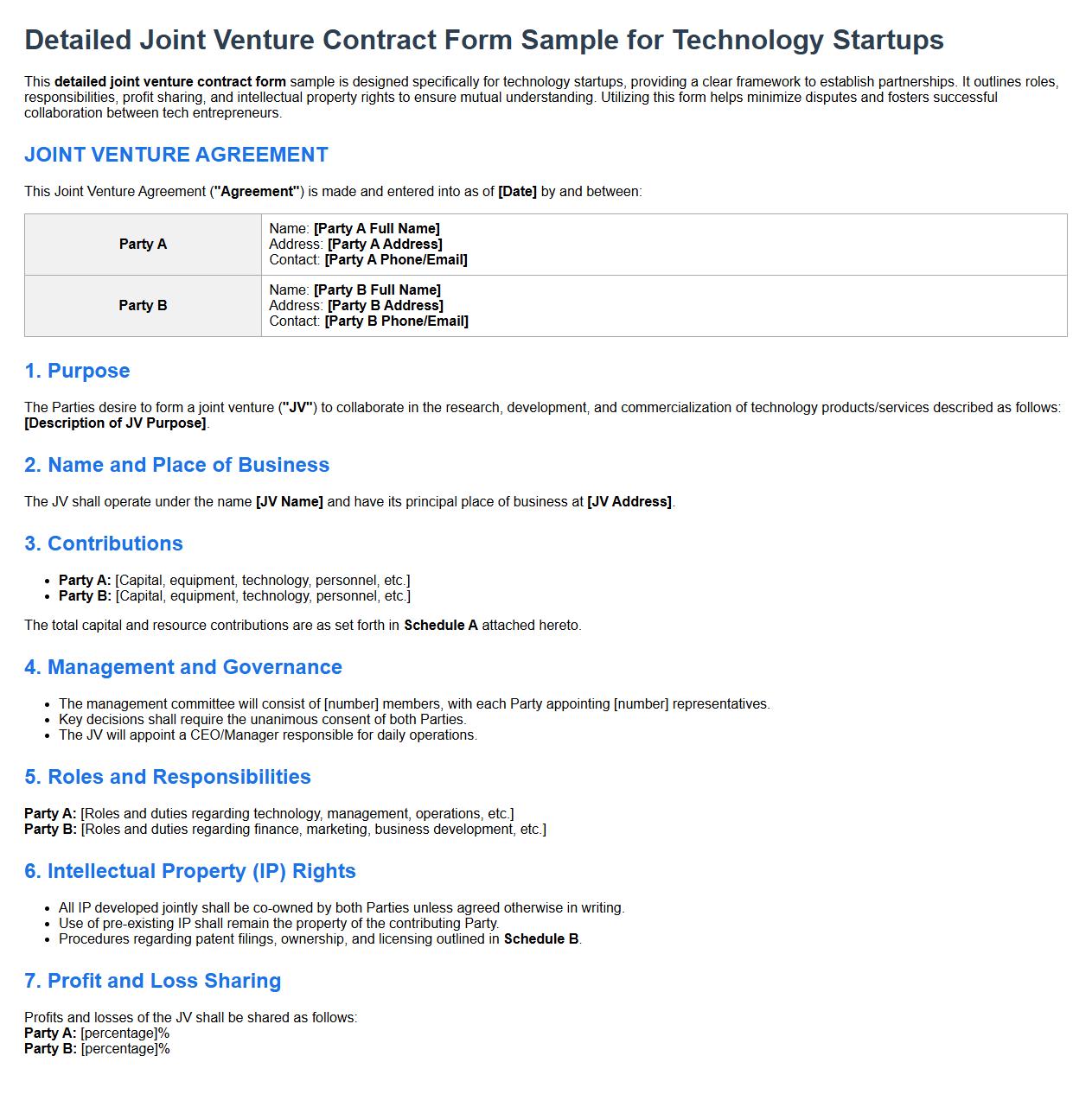 detailed joint venture contract form sample for technology startups image preview
