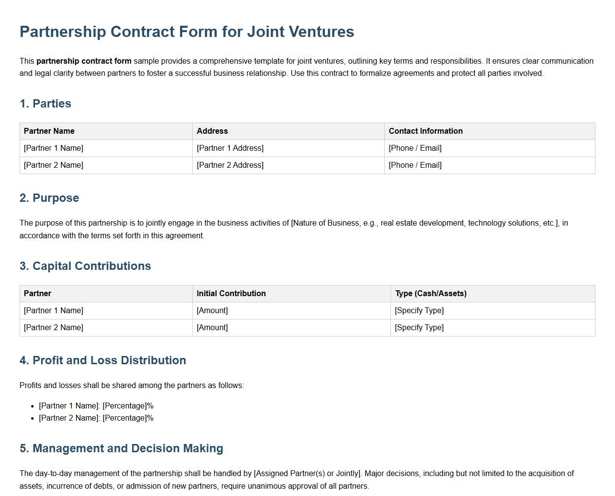 Detailed partnership contract form sample for joint ventures image preview