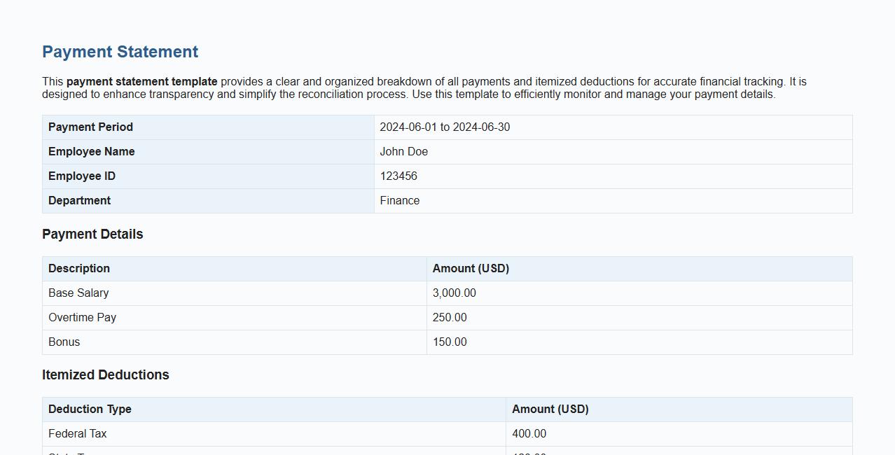 Detailed payment statement template with itemized deductions image preview
