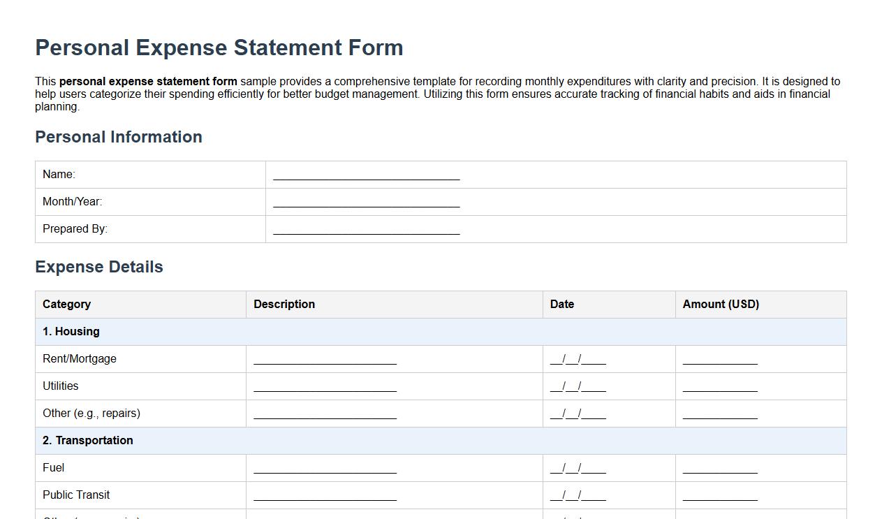 detailed personal expense statement form sample image preview