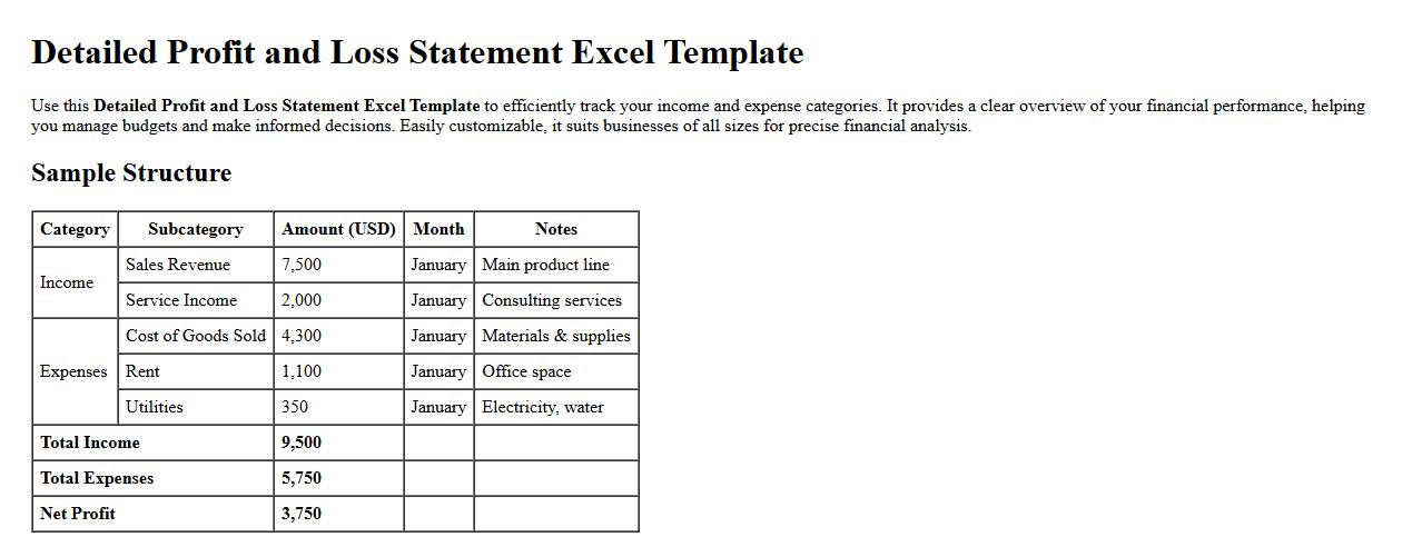 Detailed profit and loss statement Excel template with income and expense categories image preview
