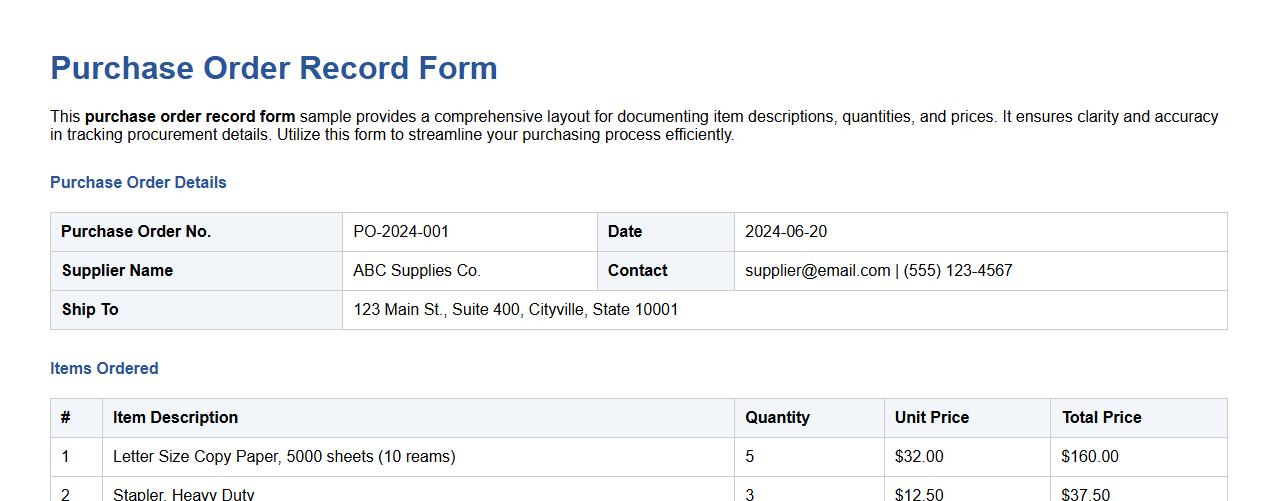 Detailed purchase order record form sample with item description image preview