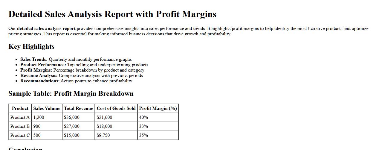 Detailed sales analysis report with profit margins image preview