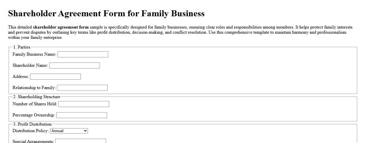 Detailed shareholder agreement form sample for family business image preview