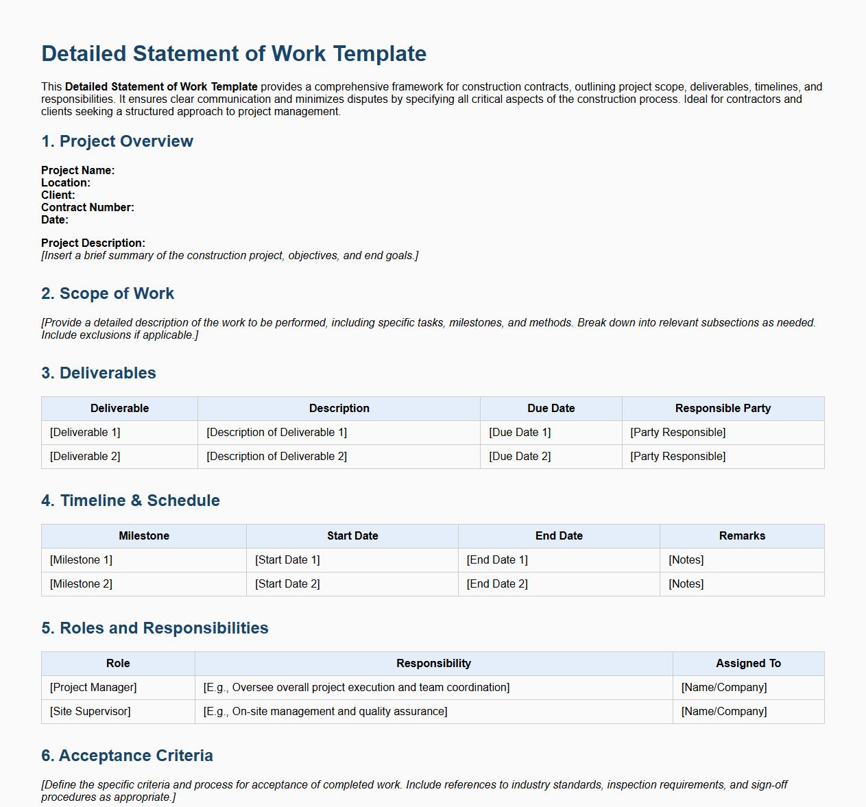Detailed statement of work template for construction contracts image preview