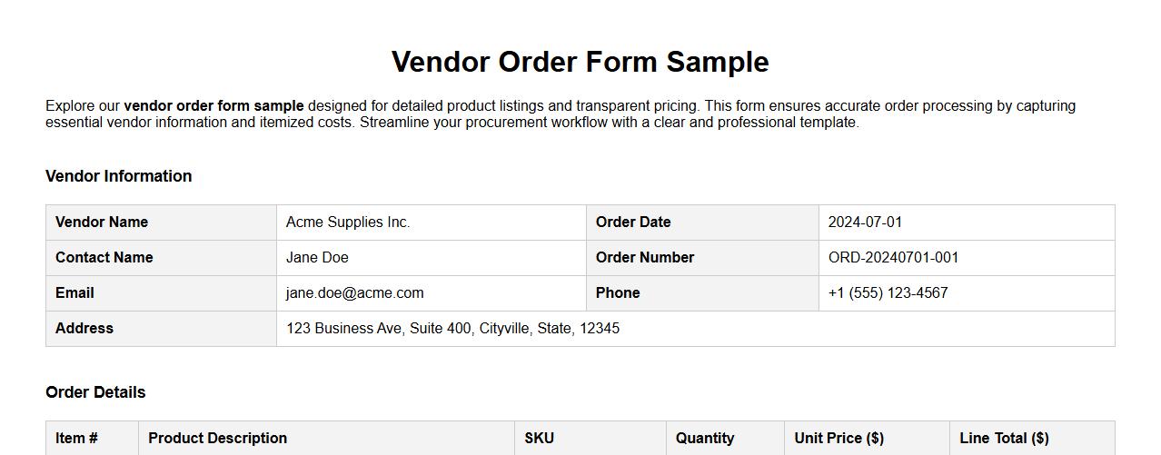 detailed vendor order form sample with pricing image preview