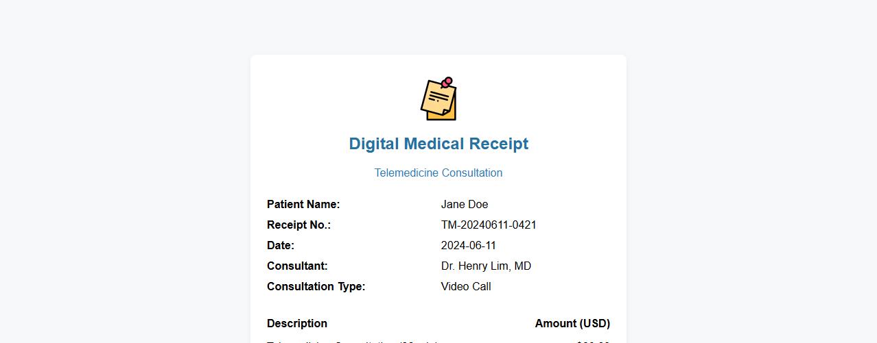 digital medical receipt for telemedicine consultation image preview