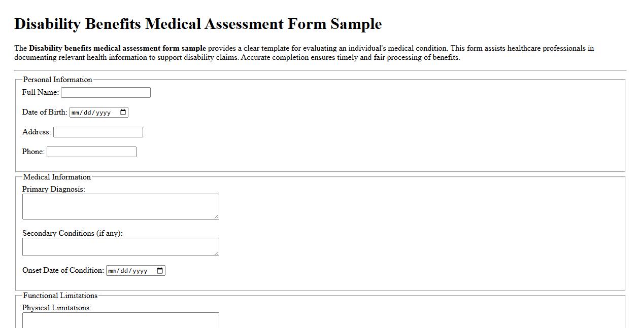 Disability benefits medical assessment form sample image preview