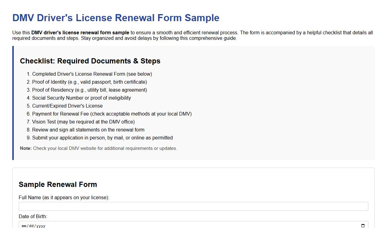 DMV driver’s license renewal form sample with checklist image preview