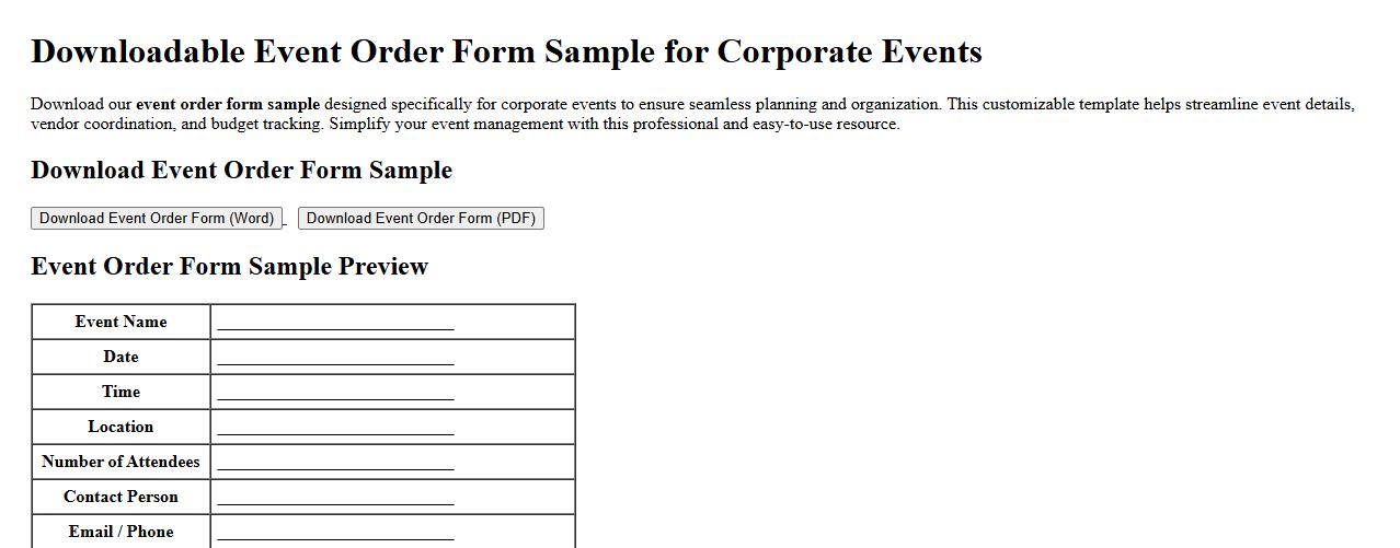 downloadable event order form sample for corporate events image preview