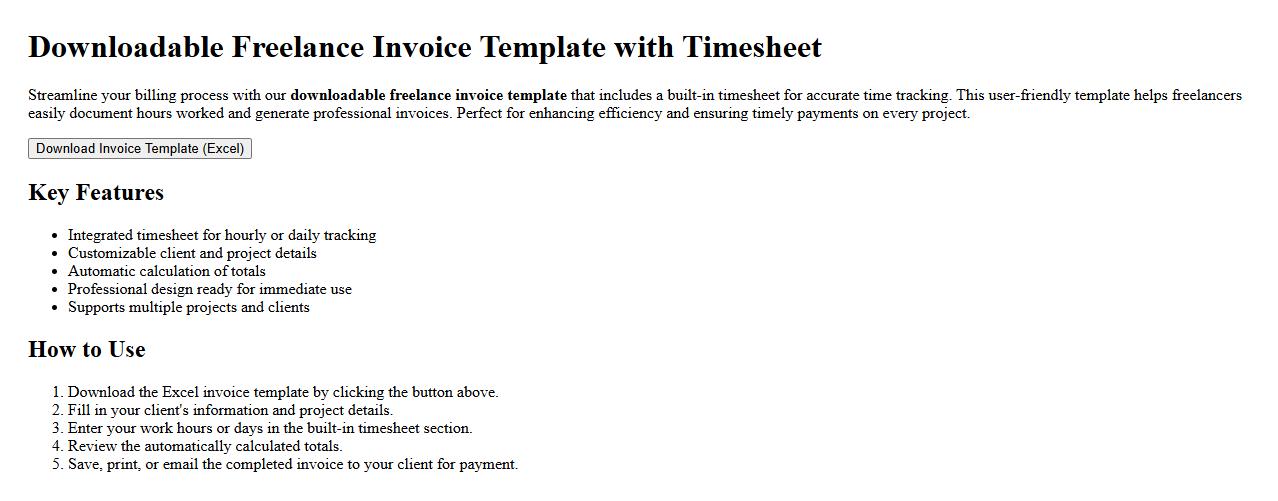 Downloadable freelance invoice template with timesheet image preview