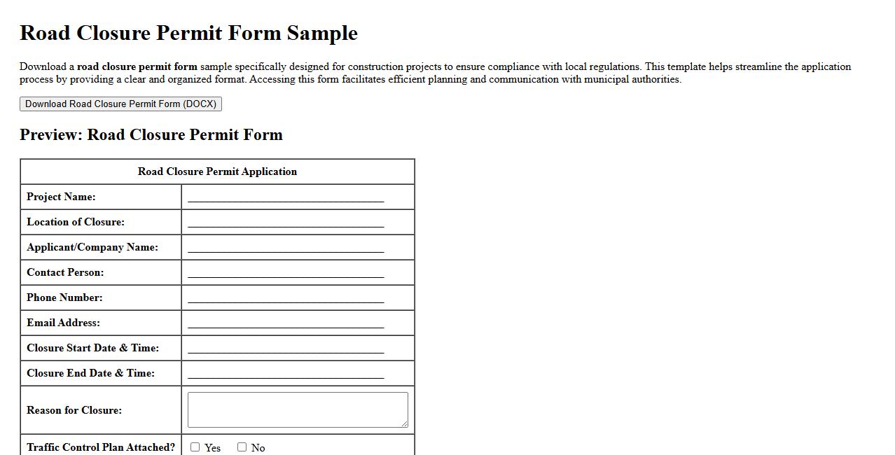 downloadable road closure permit form sample for construction projects image preview