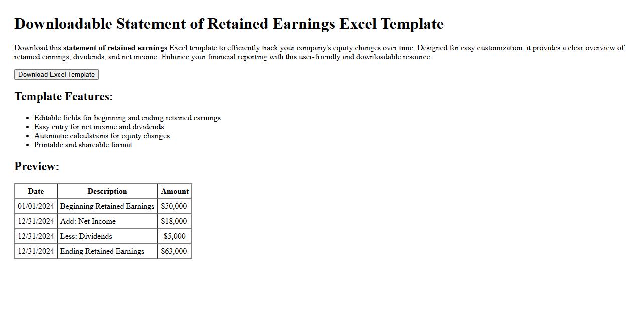 downloadable statement of retained earnings excel template image preview