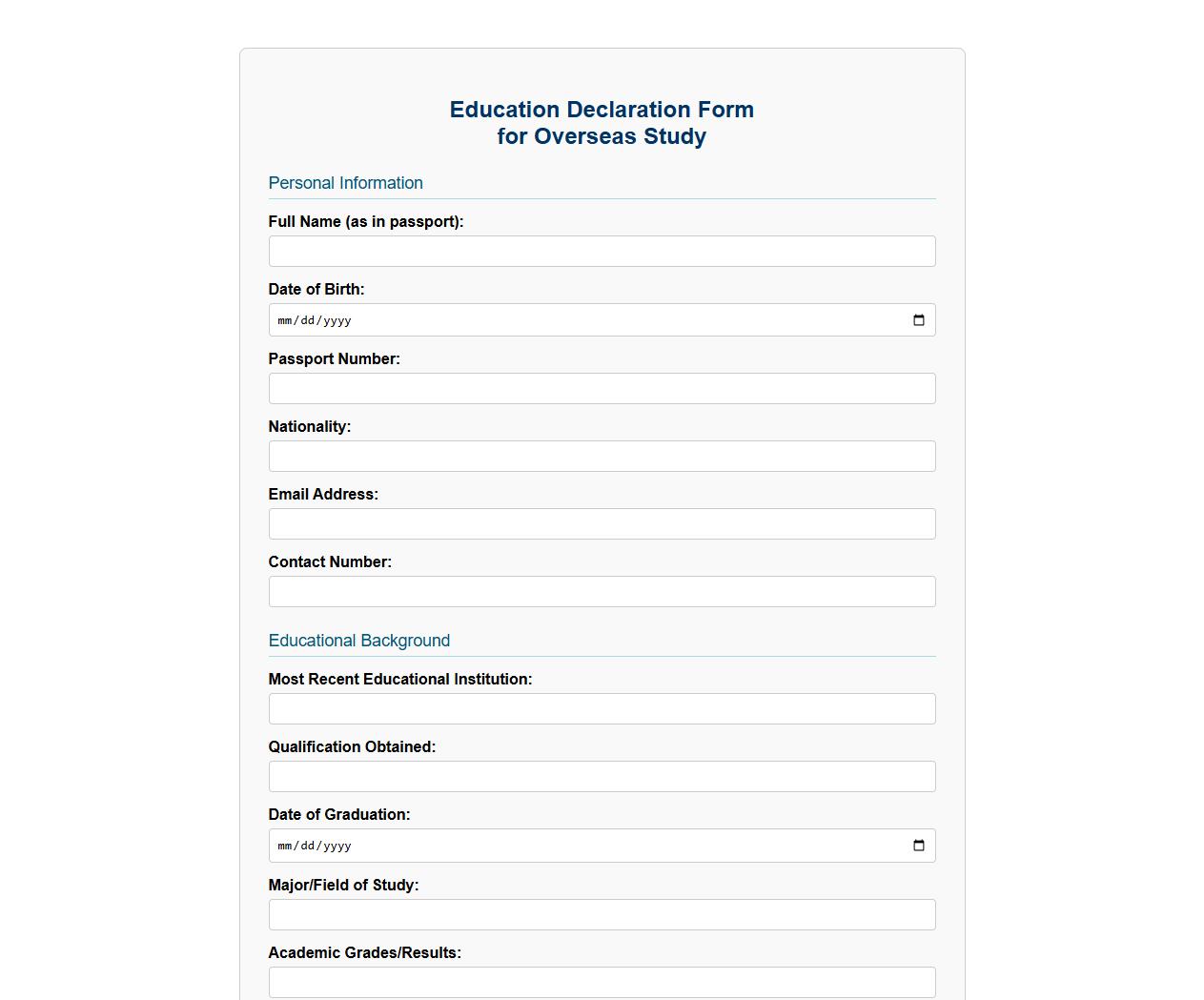 education declaration form sample for overseas study image preview