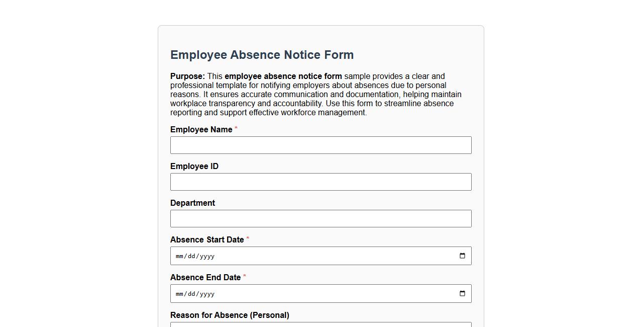 Employee absence notice form sample for personal reasons image preview