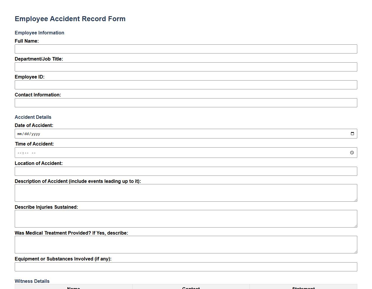 employee accident record form sample image preview