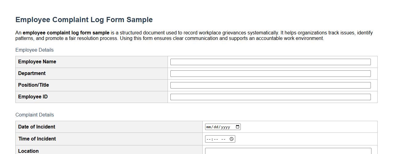 employee complaint log form sample image preview