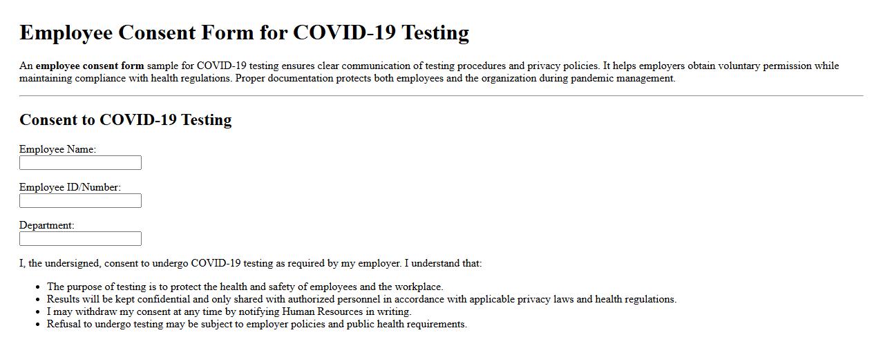 Employee consent form sample for COVID-19 testing image preview