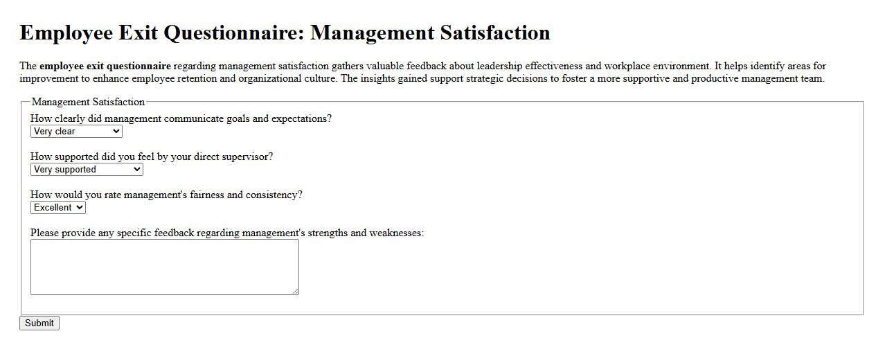 Employee exit questionnaire regarding management satisfaction image preview