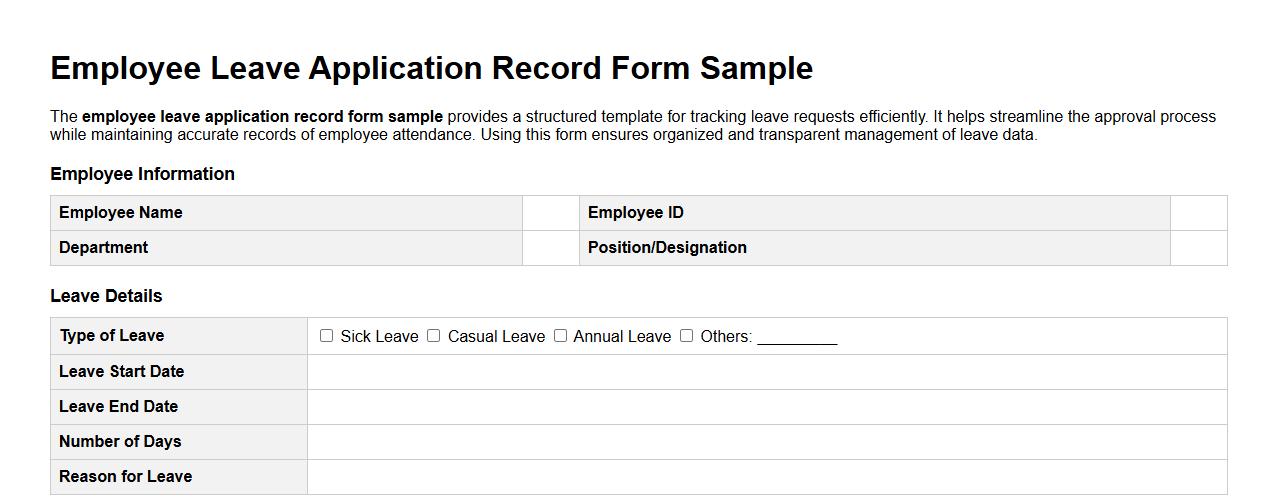 Employee leave application record form sample image preview