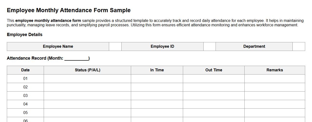 Employee monthly attendance form sample image preview