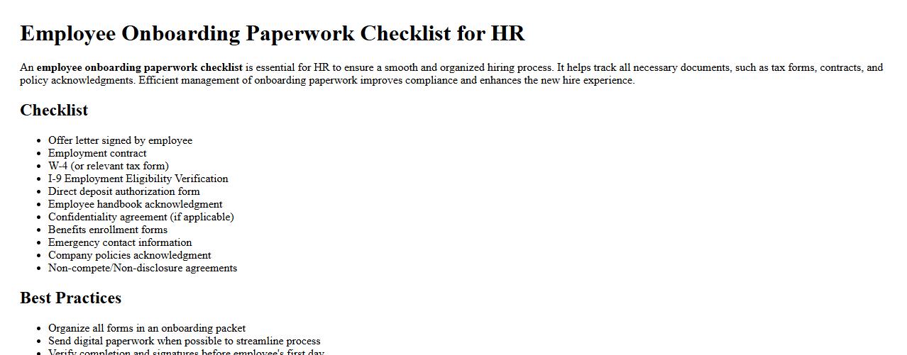 Employee onboarding paperwork checklist for HR image preview