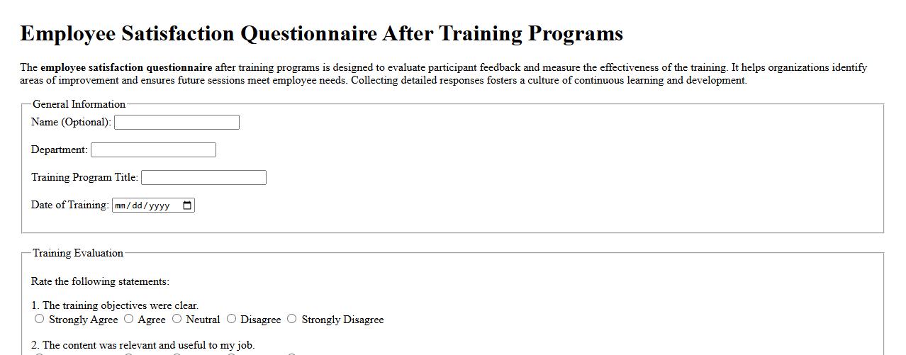 Employee satisfaction questionnaire after training programs image preview