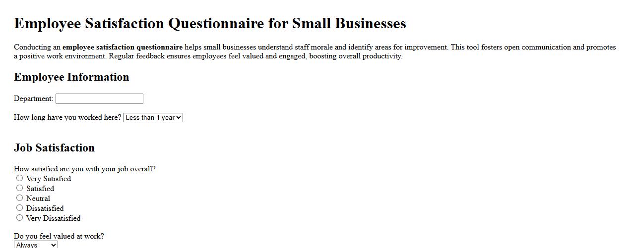 Employee satisfaction questionnaire for small businesses image preview