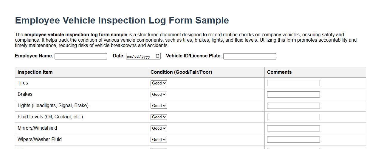 Employee vehicle inspection log form sample image preview