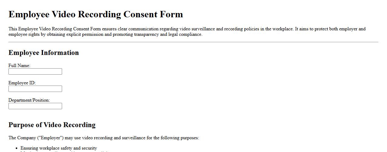 Employee video recording consent form sample for workplace image preview