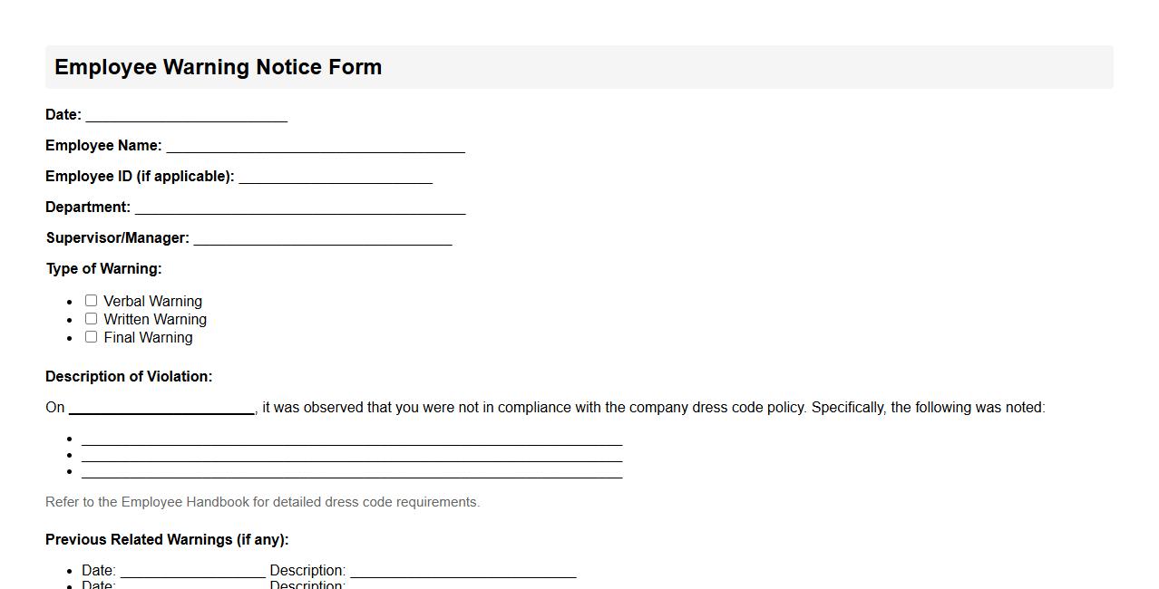 Employee warning notice form sample for dress code violation image preview