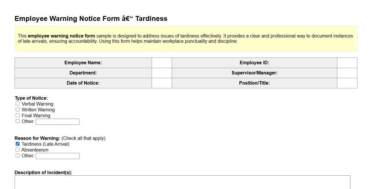 Employee warning notice form sample for tardiness image preview