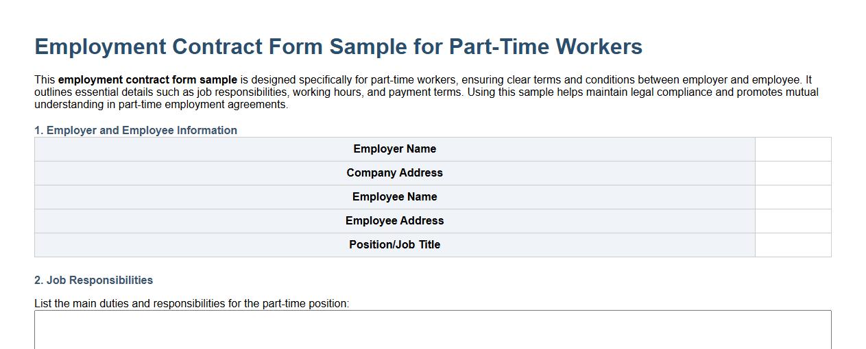Employment contract form sample for part-time workers image preview
