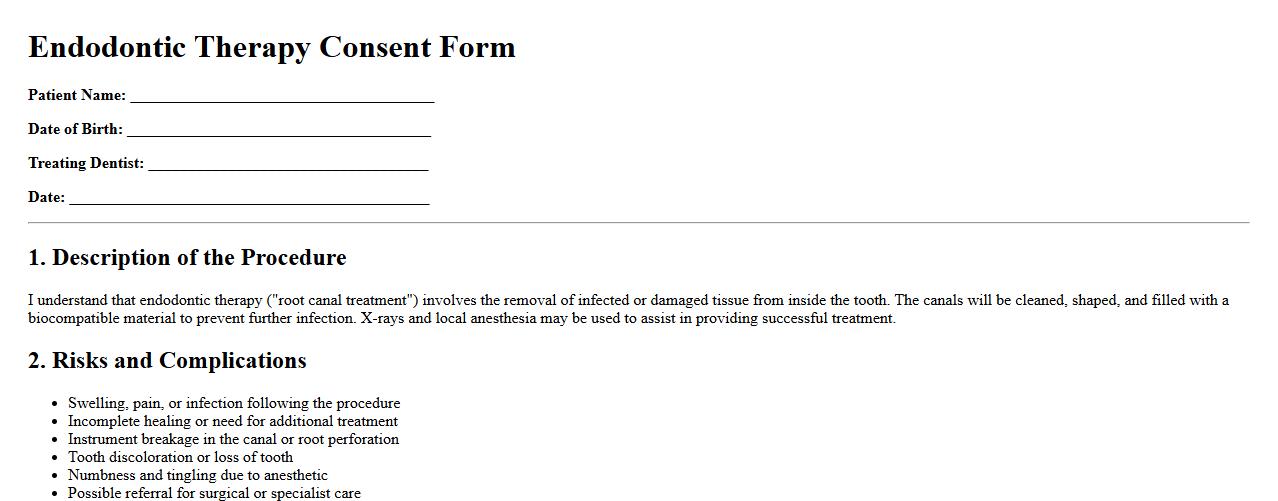 Endodontic therapy consent form example image preview