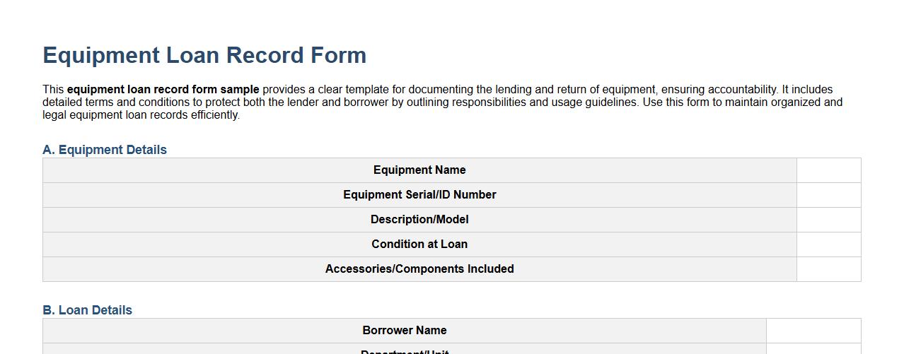 equipment loan record form sample with terms and conditions image preview