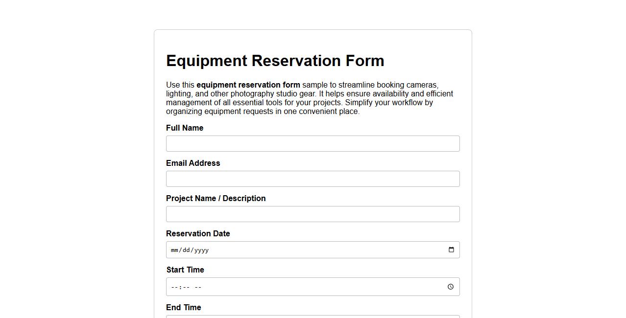 Equipment reservation form sample for photography studio image preview