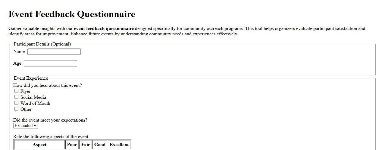 event feedback questionnaire for community outreach programs image preview