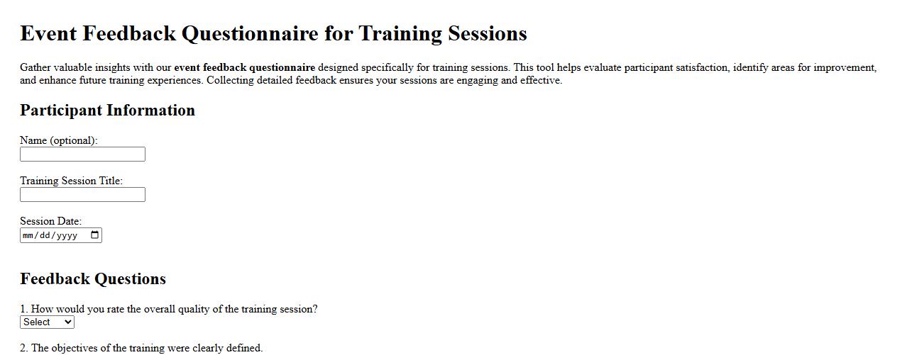 event feedback questionnaire for training sessions image preview