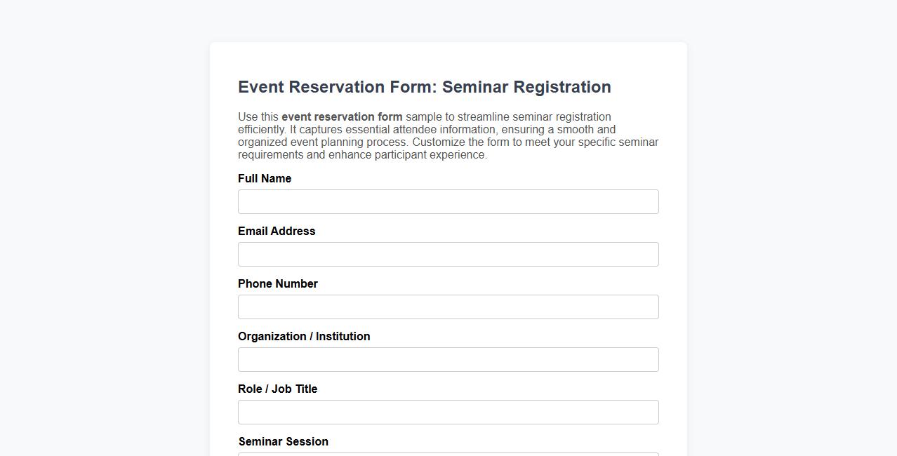 Event reservation form sample for seminar registration image preview