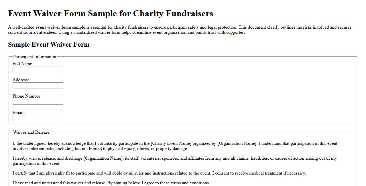 Event waiver form sample for charity fundraisers image preview