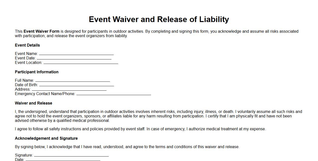Event waiver form sample for outdoor activities image preview