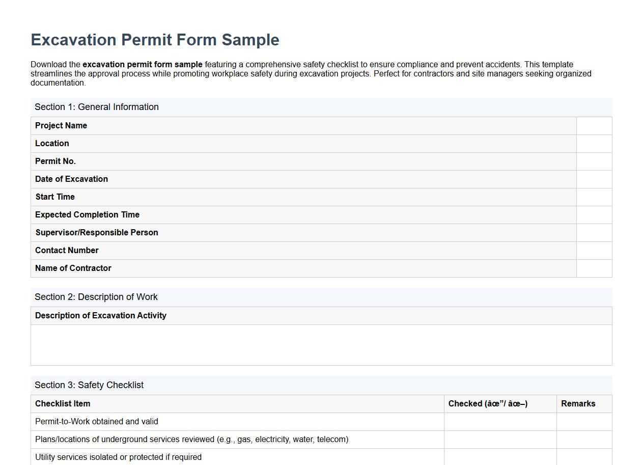 excavation permit form sample with safety checklist included image preview