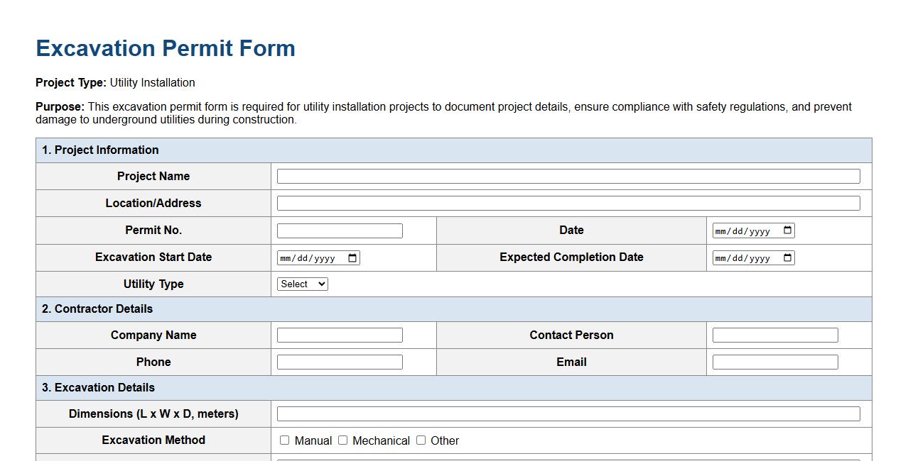 excavation permit form sample for utility installation projects image preview