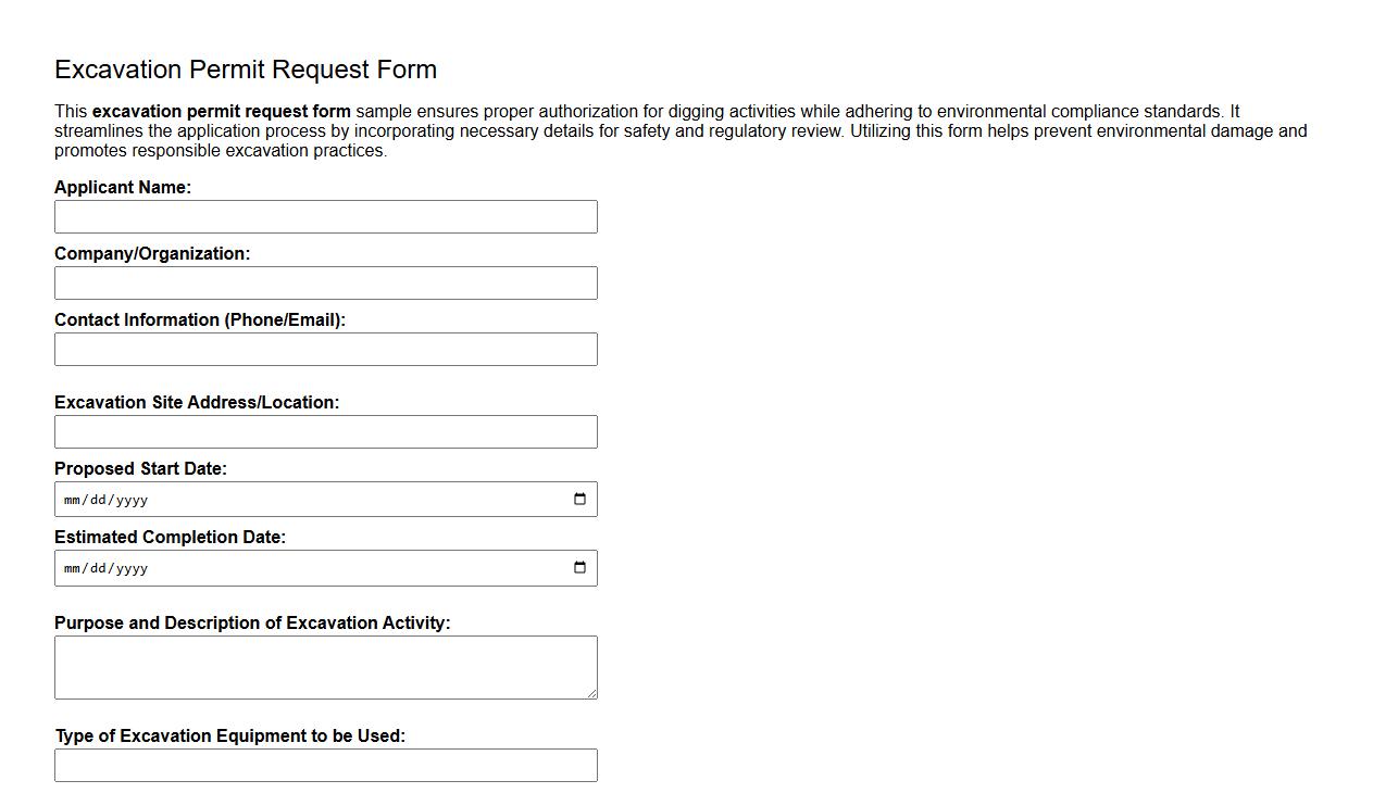 Excavation permit request form sample including environmental compliance image preview