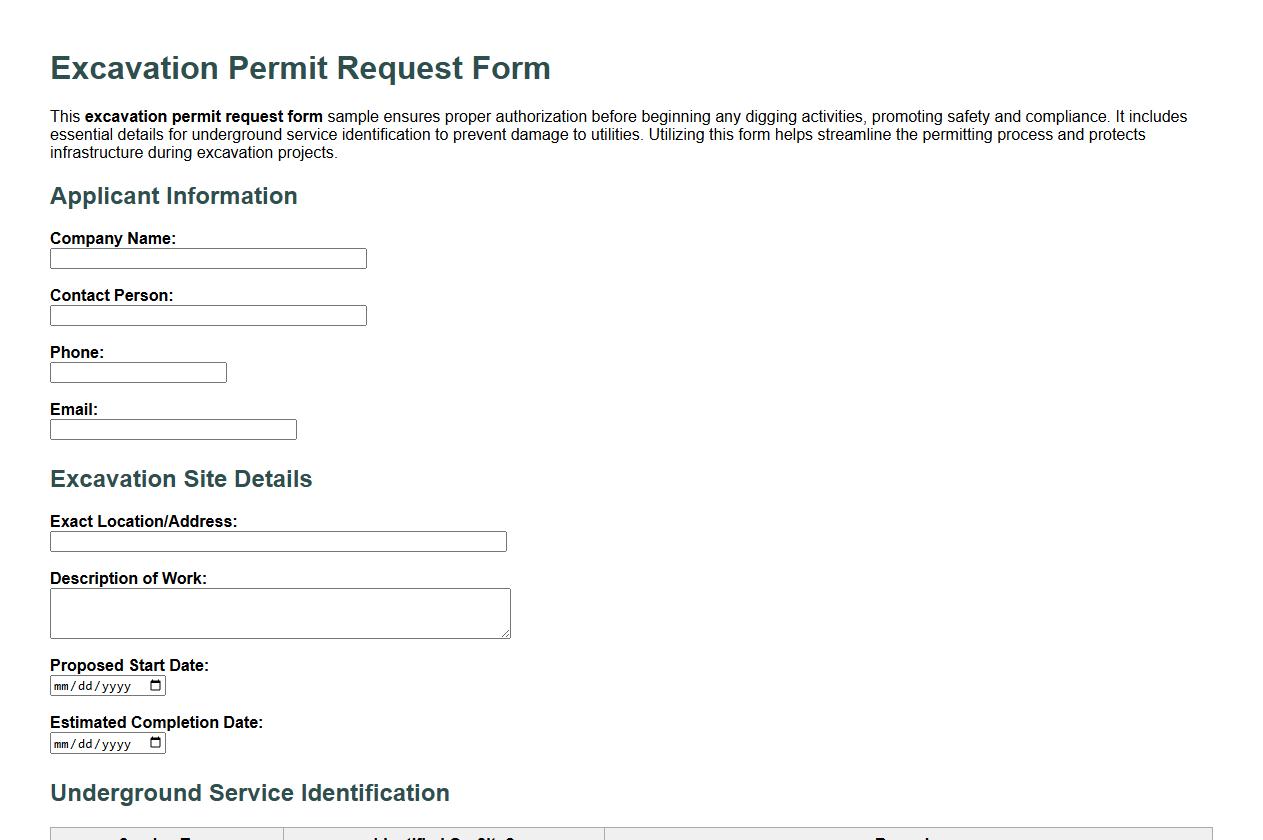 Excavation permit request form sample with underground service identification image preview