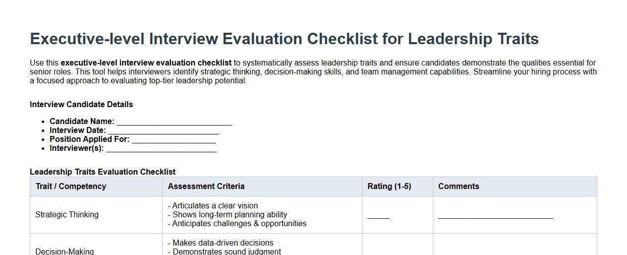 Executive-level interview evaluation checklist for leadership traits image preview
