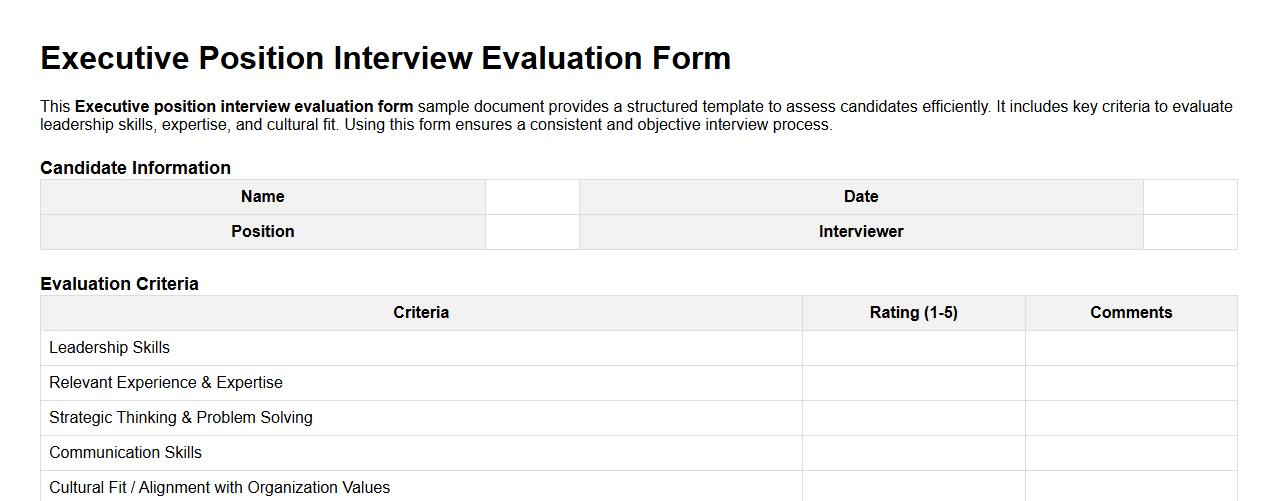 Executive position interview evaluation form sample doc image preview