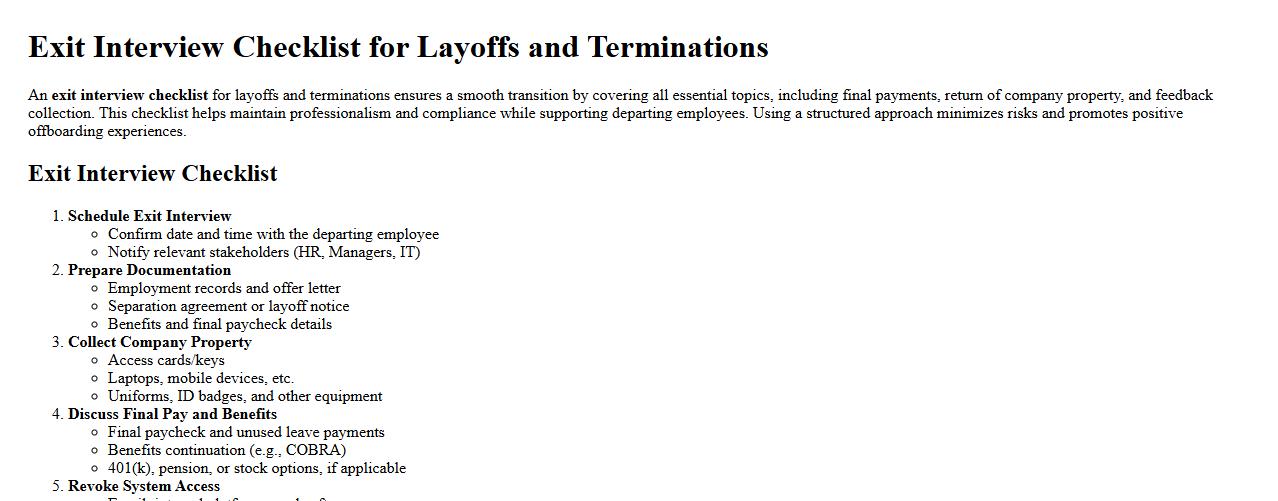 Exit interview checklist for layoffs and terminations image preview