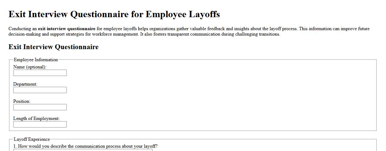 Exit interview questionnaire for employee layoffs image preview