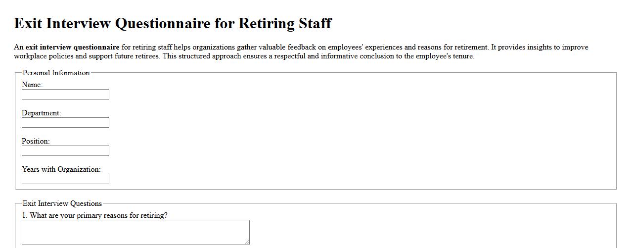 Exit interview questionnaire for retiring staff image preview